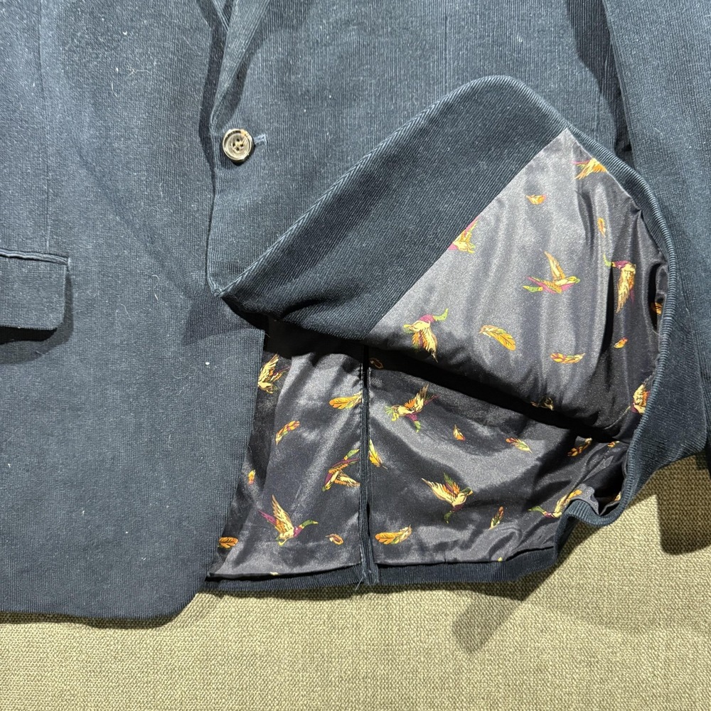 Vintage Mens Blue Corduroy Blazer Jacket Suede Elbow Patches Bird Lining - Picture 2 of 6